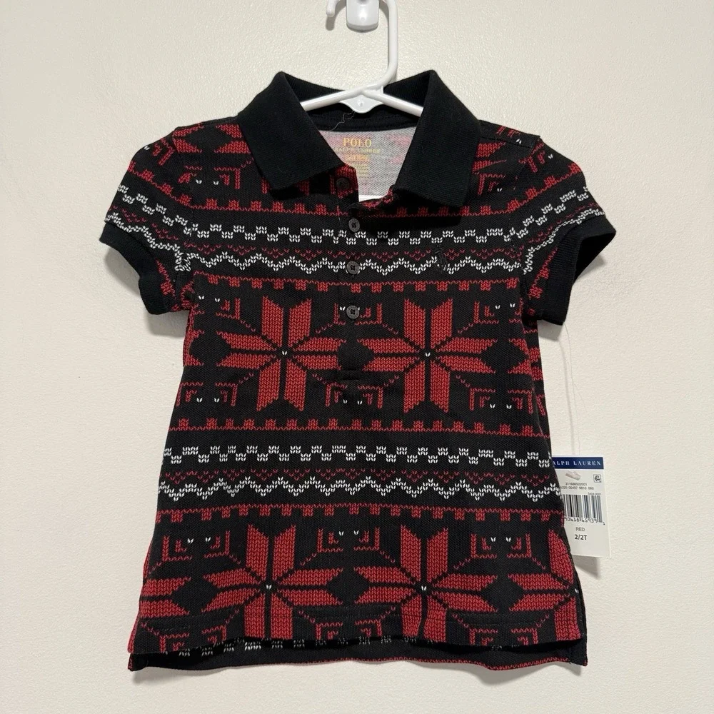 Polo Ralph Lauren NWT‎ Red Black Snowflake Holiday Polo Shirt Size 2T